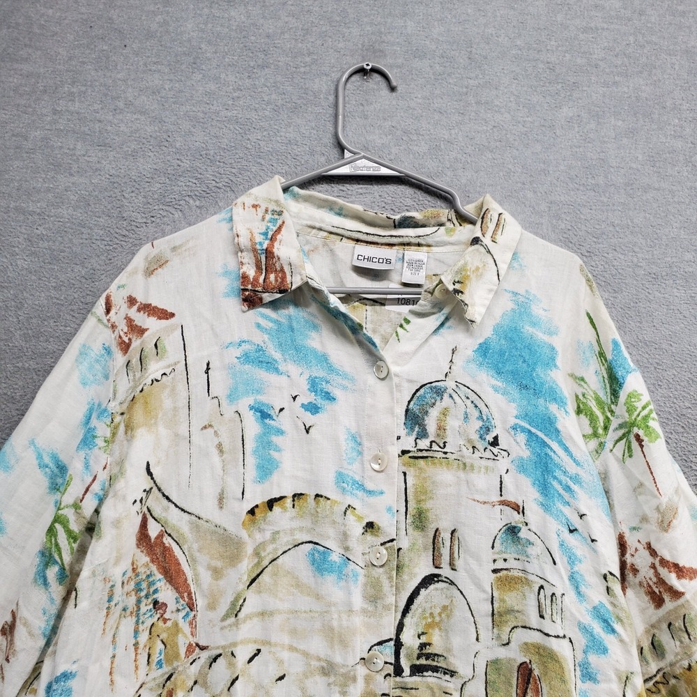 Chico's Women Top 3 Blue Water Paint City Graphic Linen Beach Button Up Collar View 2